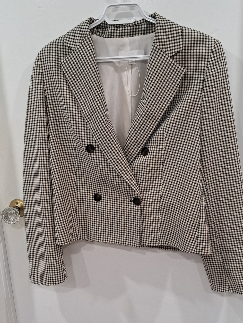 Zara Double-Breasted Checkered Cropped Blazer - Black & White